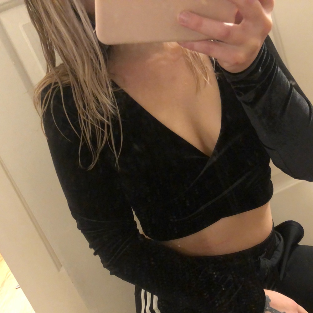 Velvet black criss-cross long sleeve top